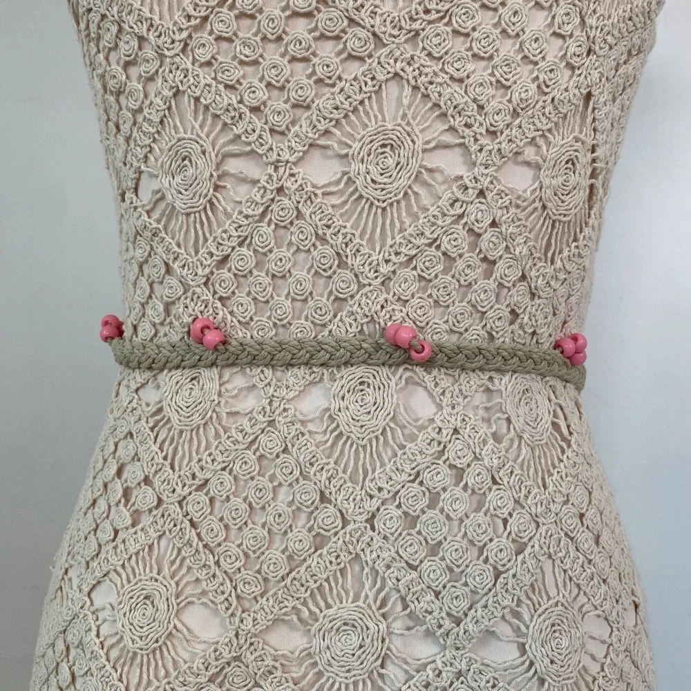 VTG Braided Rope Belt Size S/M Boho Hippie Gypsy Festival Skinny Pink Beads Fair